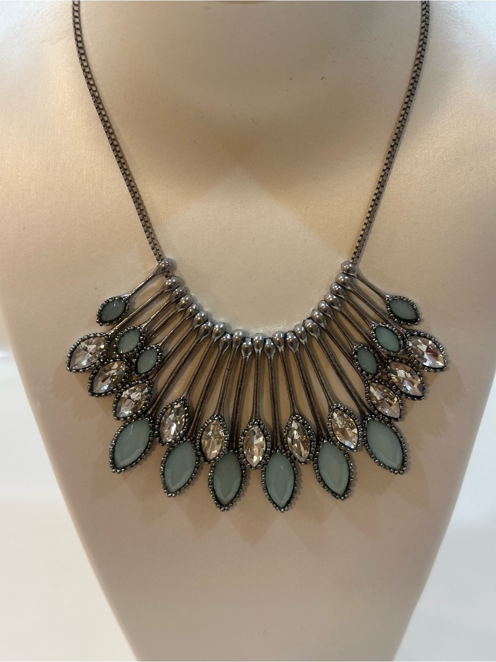 Gunmetal Blue Faux Chalcedony Marquise 20”L Bib Statement Necklace